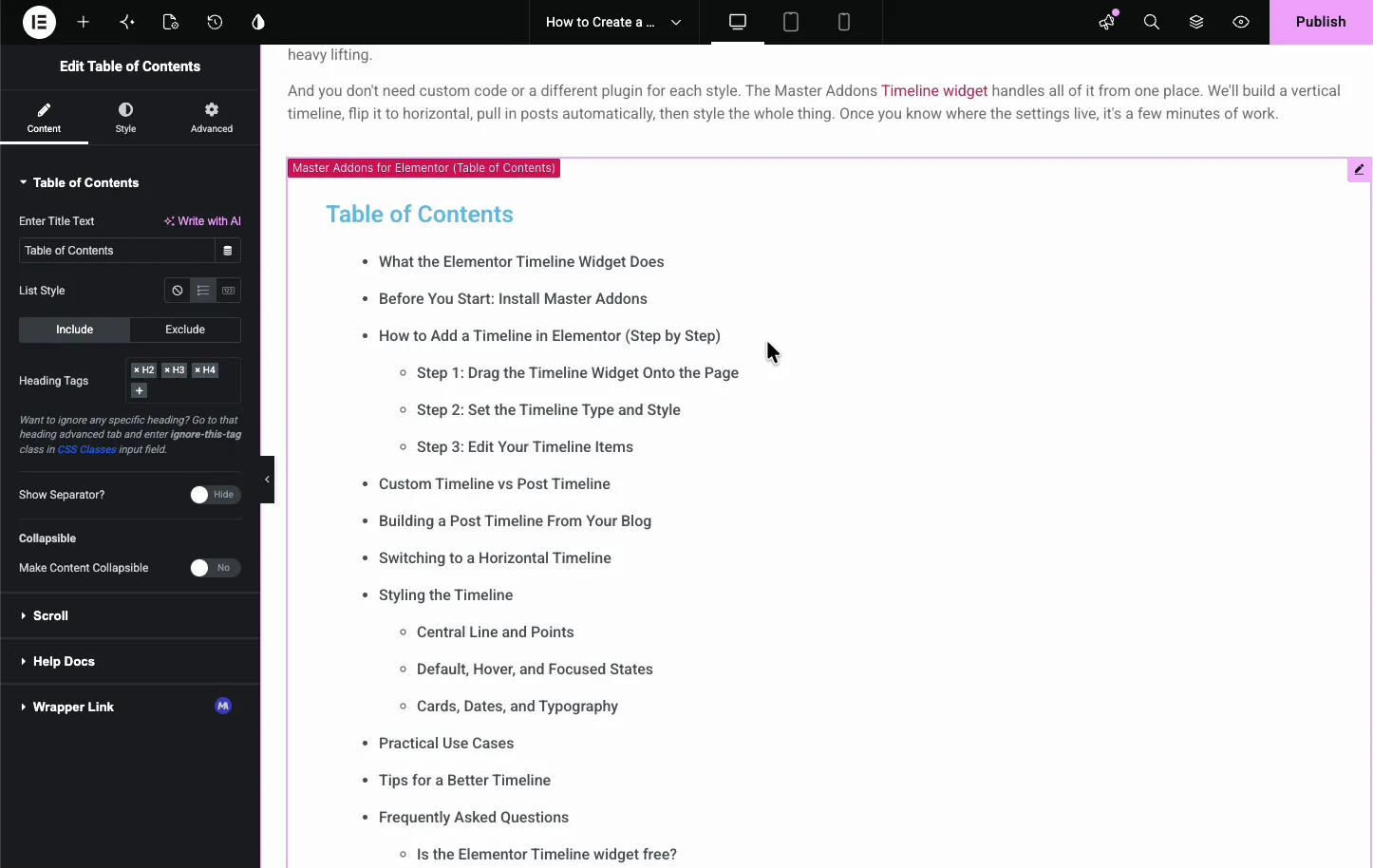 Table of Contents Content tab with Enter Title Text, List Style, Include and Exclude tabs, and Heading Tags set to H2, H3, and H4