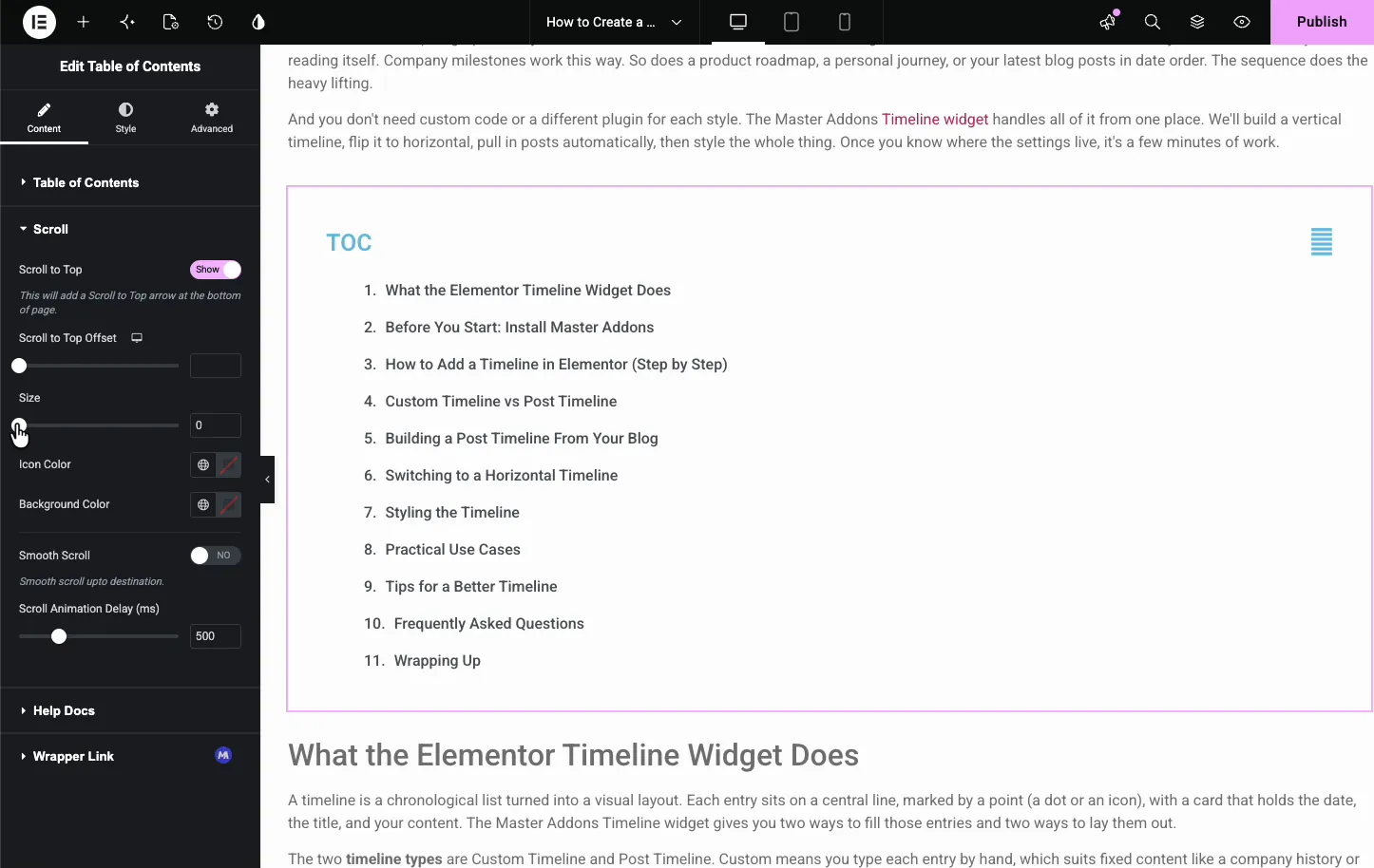 Table of Contents Scroll section with Scroll to Top set to Show, Offset, Size, Icon and Background Color, Smooth Scroll, and Scroll Animation Delay