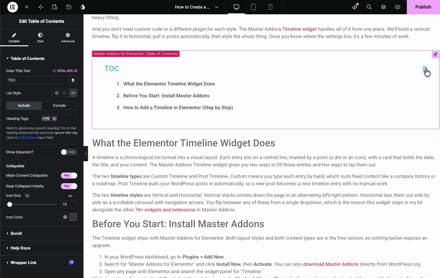 Table of Contents with Make Content Collapsible and Keep Collapsed Initially set to Yes, showing the list collapsed to three items with a toggle icon