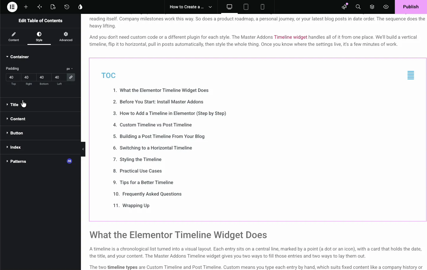 Table of Contents Style tab with the Container section open, showing padding set to 40 pixels on all sides, next to the numbered list