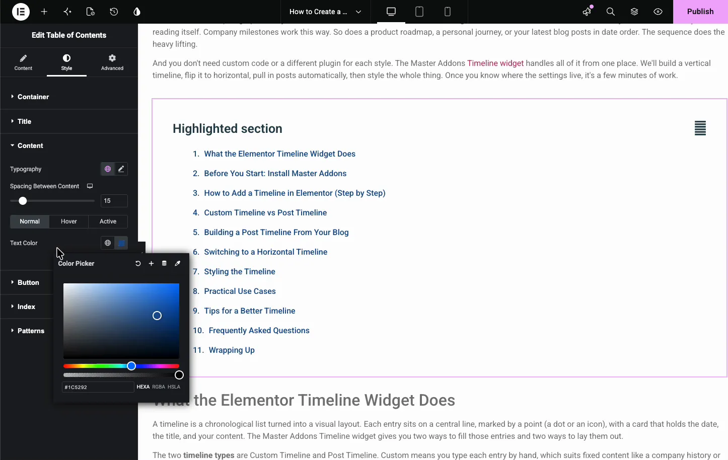 Table of Contents Content style section with a Text Color picker open, showing the list links turned blue