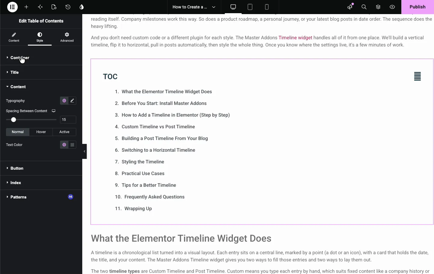 Elementor Table of Contents widget on a page, showing a numbered list of eleven headings under the title TOC