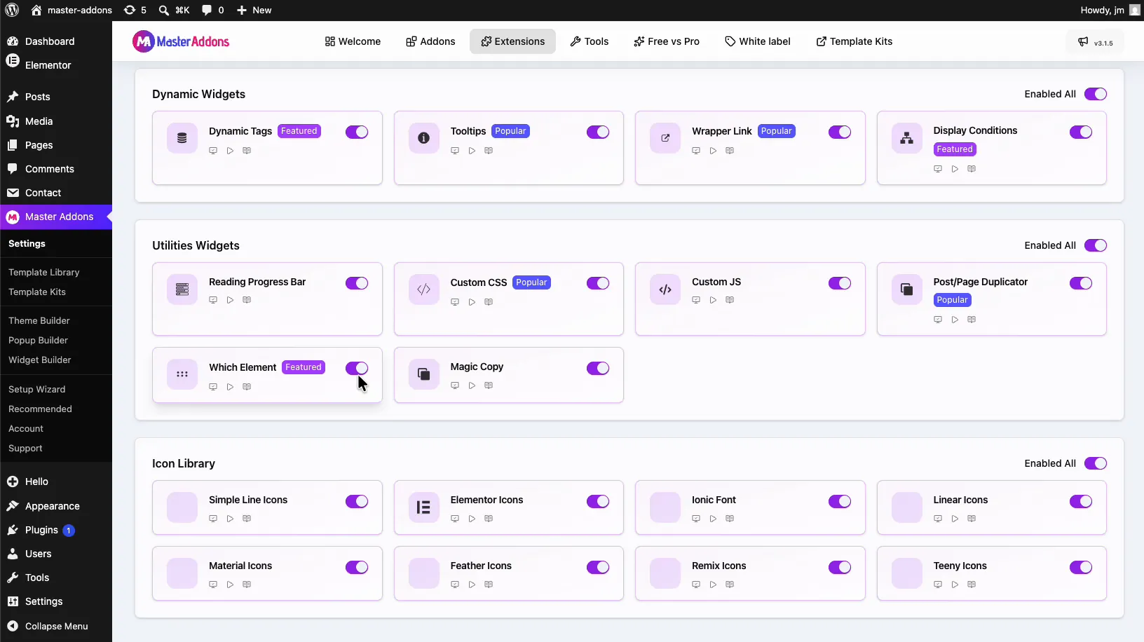 Which Element extension toggle enabled in the Utilities Widgets section of the Master Addons Extensions tab