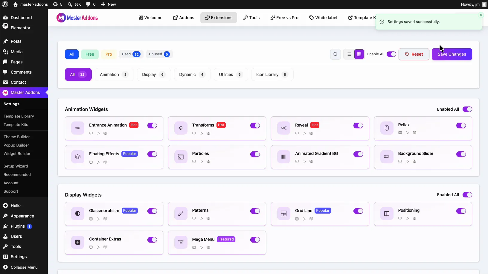 Save Changes button and Settings saved successfully notice in the Master Addons Extensions tab after enabling the Which Element extension
