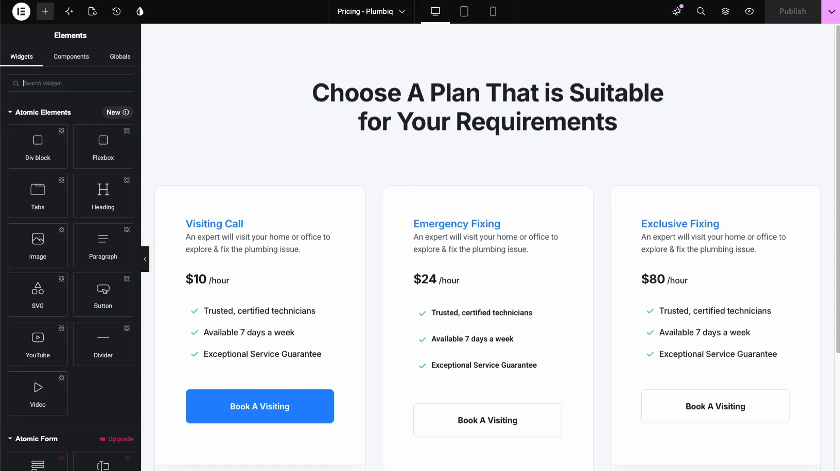 Pricing page open in the Elementor editor with no element labels before hovering with the Which Element extension