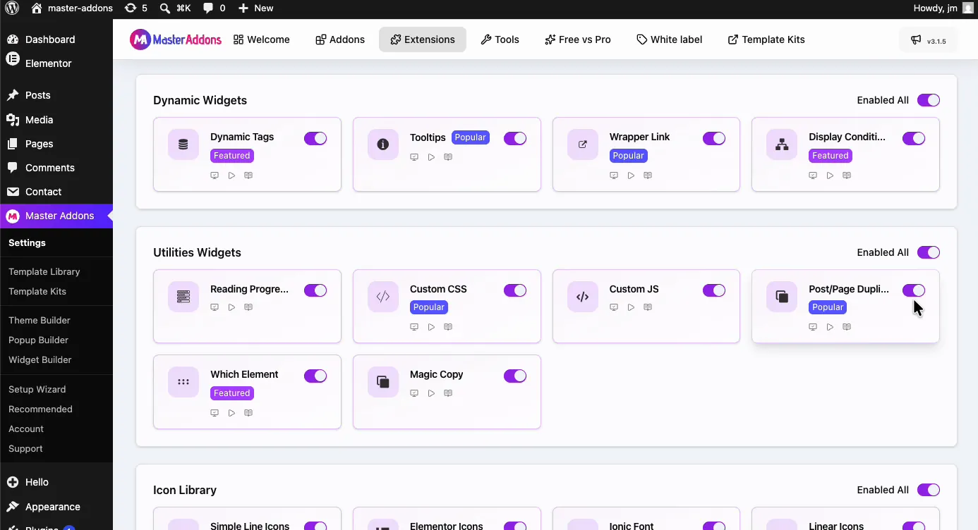 Post/Page Duplicator toggle enabled in the Utilities Widgets section of the Master Addons Extensions tab