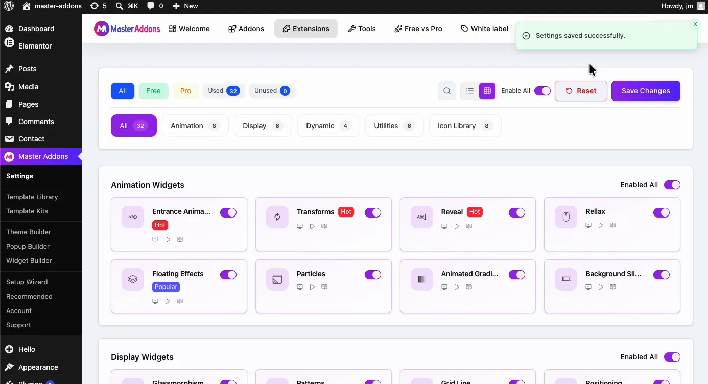 Settings saved successfully notice after enabling the Post/Page Duplicator extension in the Master Addons dashboard