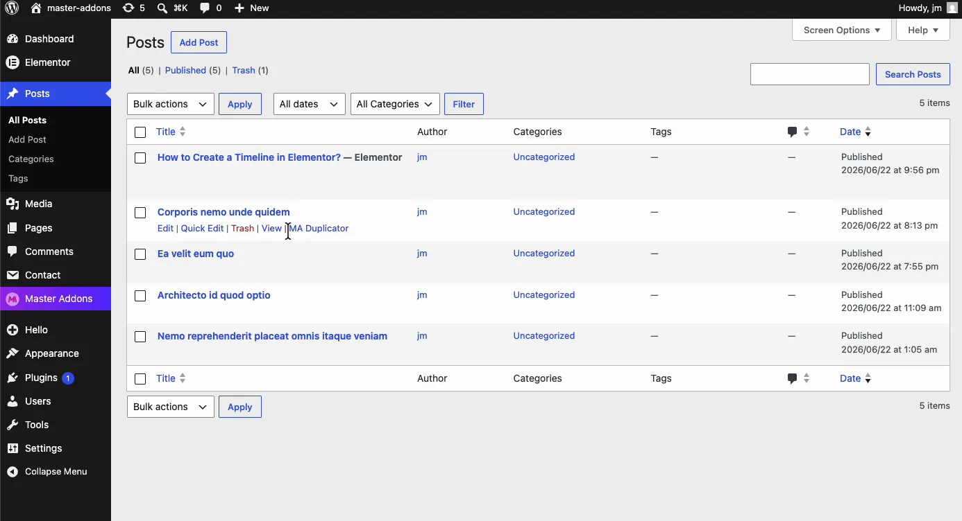 MA Duplicator link in the row actions of the WordPress Posts list next to Edit, Quick Edit, Trash, and View