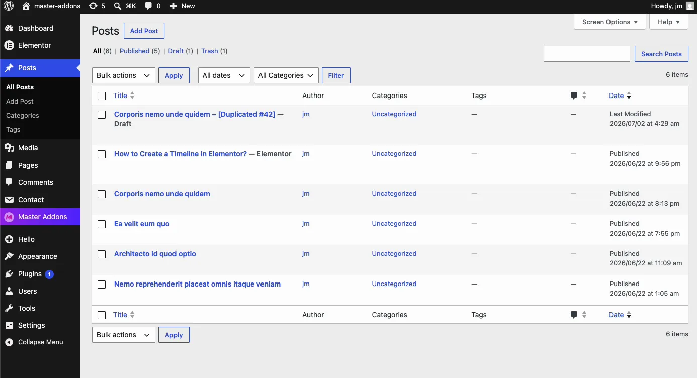 Duplicated draft post in the WordPress Posts list with a Duplicated suffix in the title and Draft status