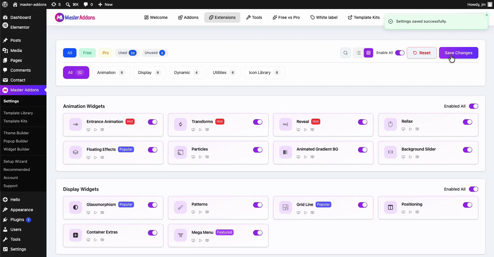 Settings saved successfully notice after enabling the Grid Line extension in the Master Addons dashboard