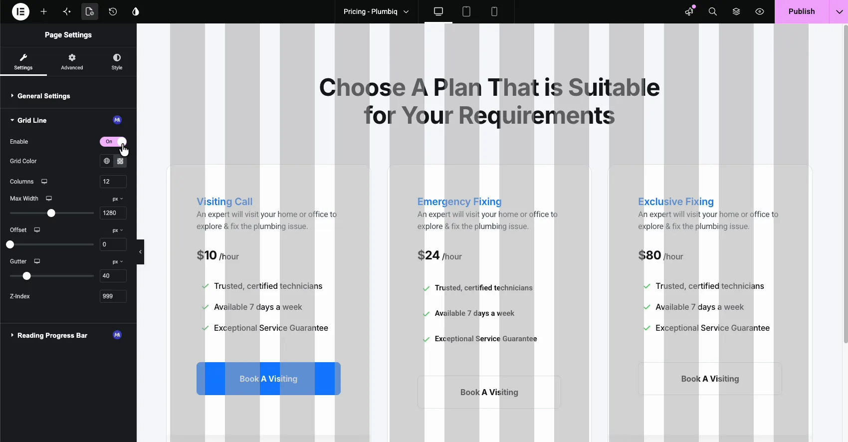Grid Line section in Elementor Page Settings with Enable on and a 12 column grid overlay shown on the page