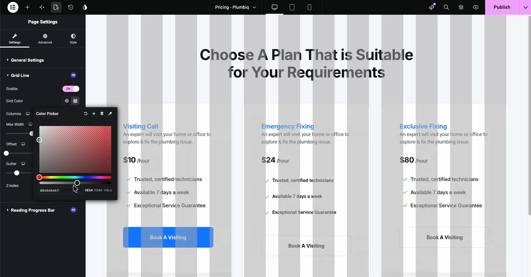 Color picker open for the Grid Line grid color in Elementor Page Settings with a custom HEXA value