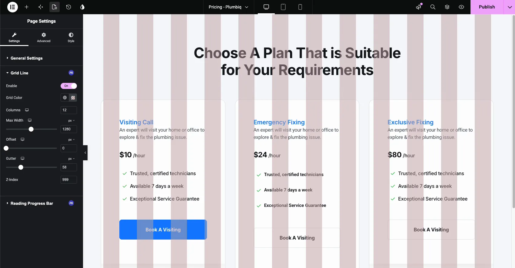Elementor editor with a custom colored Grid Line overlay showing 12 columns and a wider gutter over a pricing page