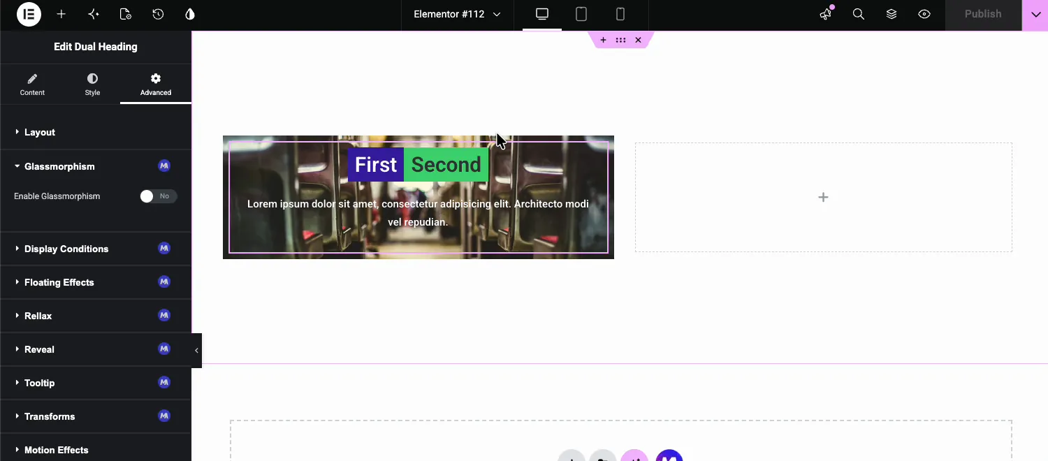 Glassmorphism section with the MA badge in the Advanced tab of an Elementor widget with the Enable Glassmorphism toggle
