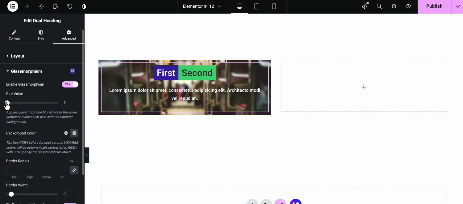 Glassmorphism controls in Elementor showing Blur Value, Background Color, Border Radius, and Border Width with the effect enabled