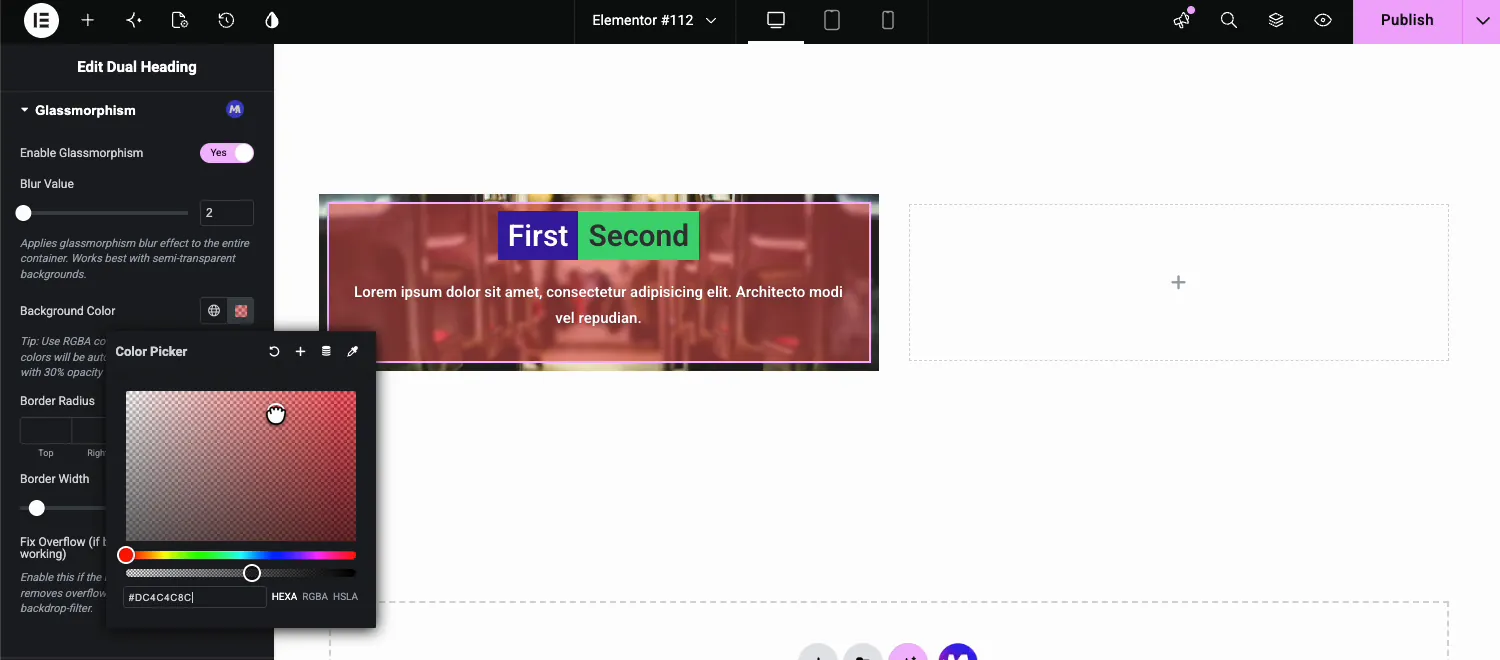 Color picker with a semi-transparent RGBA red selected as the Glassmorphism background color over a photo background