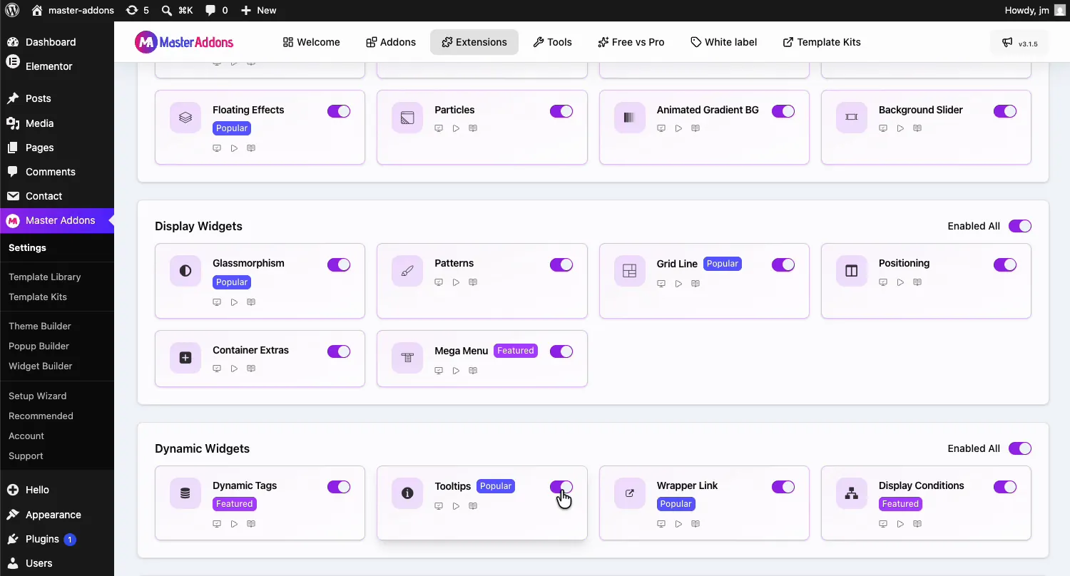 Tooltips extension toggle enabled in the Dynamic Widgets section of the Master Addons Extensions tab