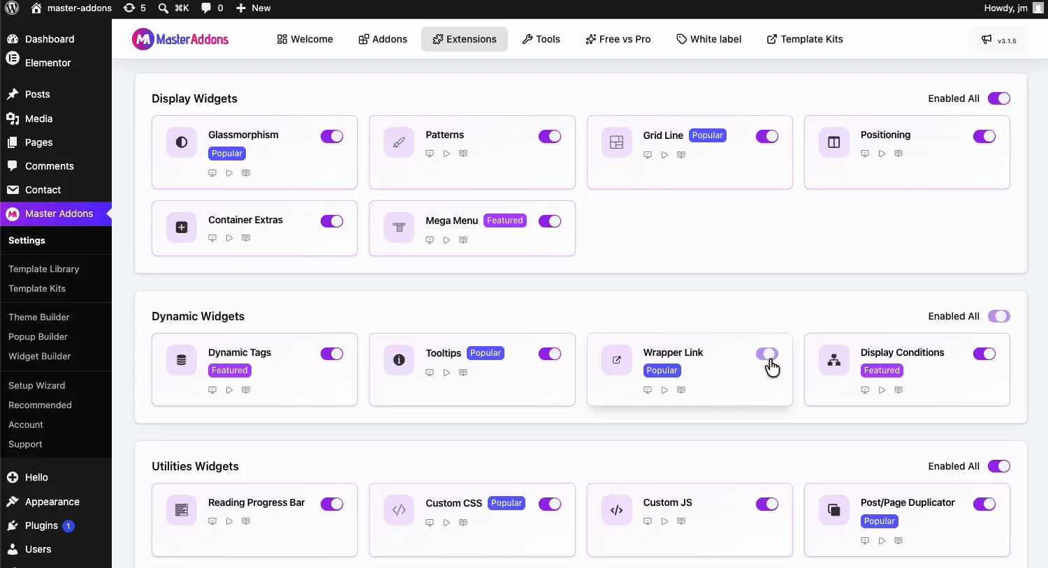 Wrapper Link extension toggle in the Dynamic Widgets section of the Master Addons Extensions tab
