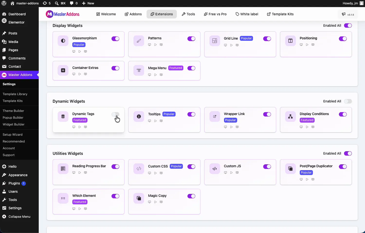 Dynamic Tags extension toggle in the Dynamic Widgets section of the Master Addons Extensions tab