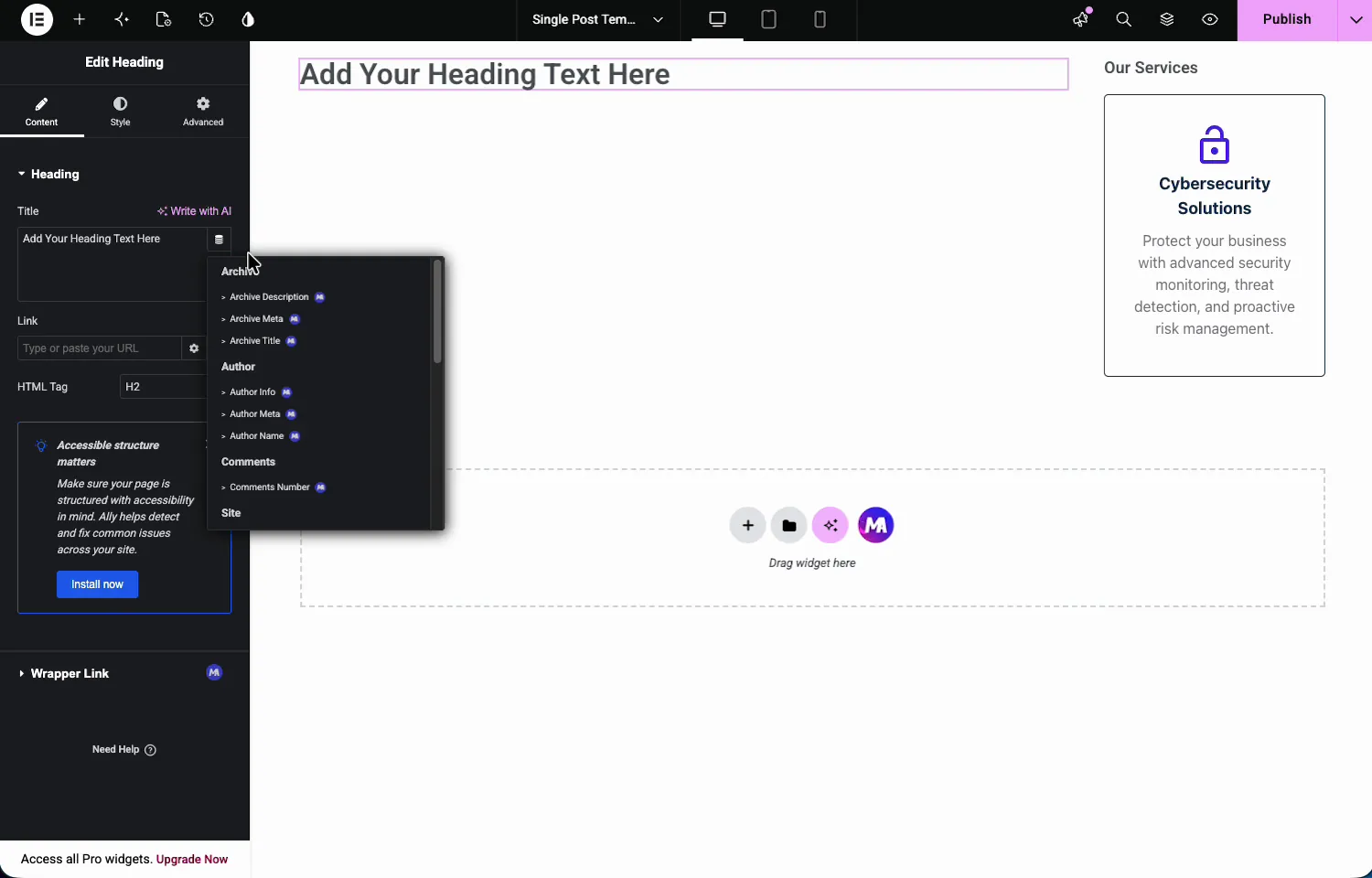 Dynamic tags list open on an Elementor Heading widget showing Archive, Author, and Comments tag groups with MA badges