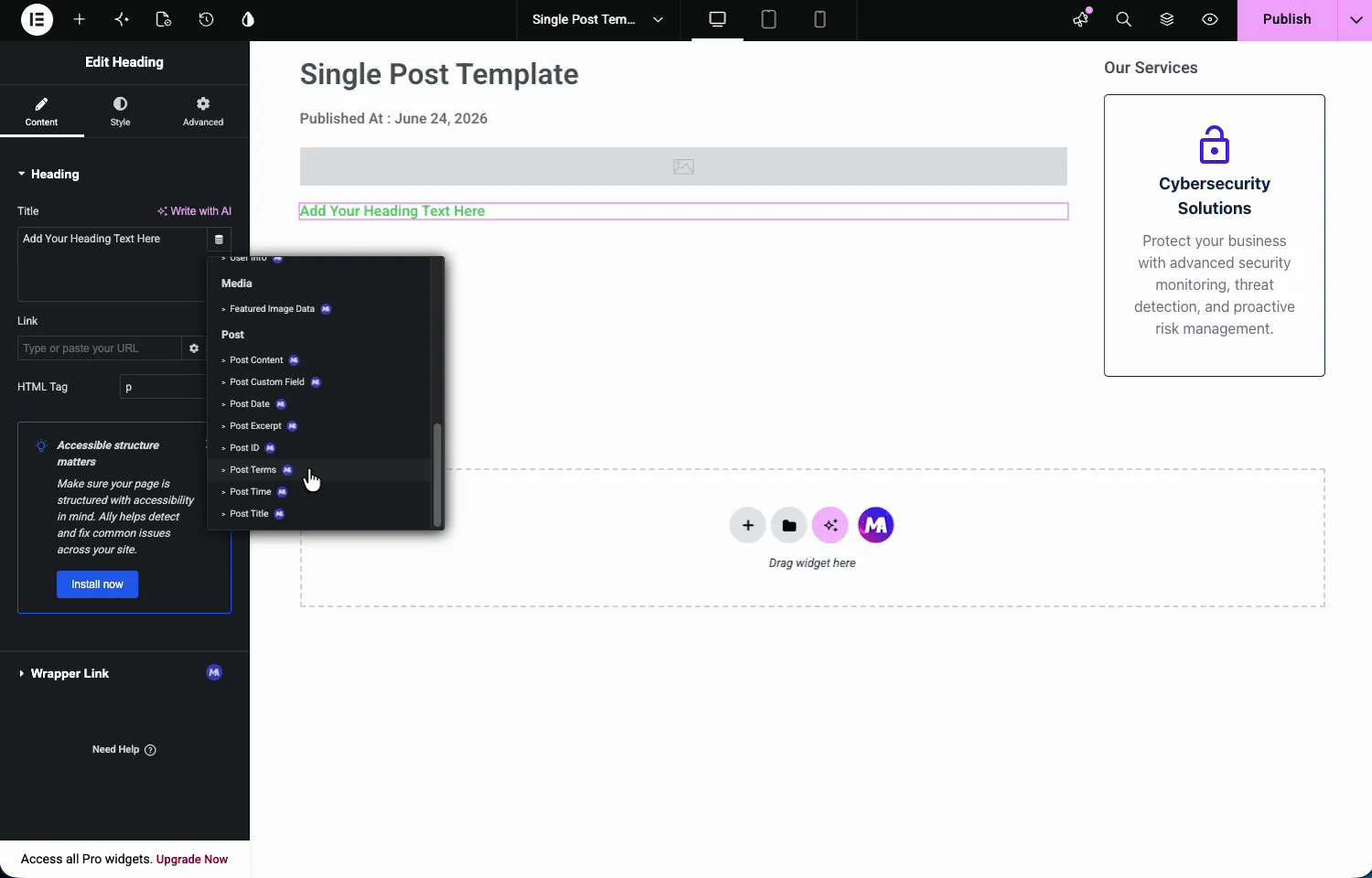 Post dynamic tags in Elementor including Post Content, Post Date, Post Excerpt, Post Terms, and Post Title from Master Addons
