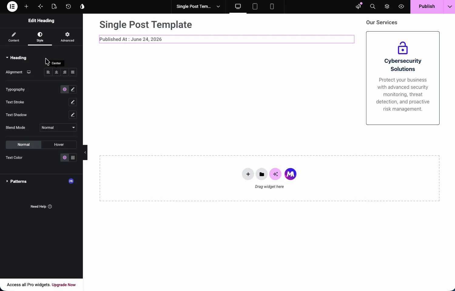 Elementor Heading widget bound to the Post Date dynamic tag showing Published At with a real date