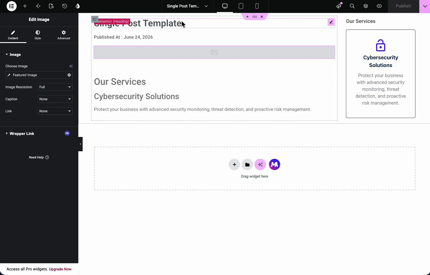 Elementor Image widget bound to the Featured Image dynamic tag inside a single post template