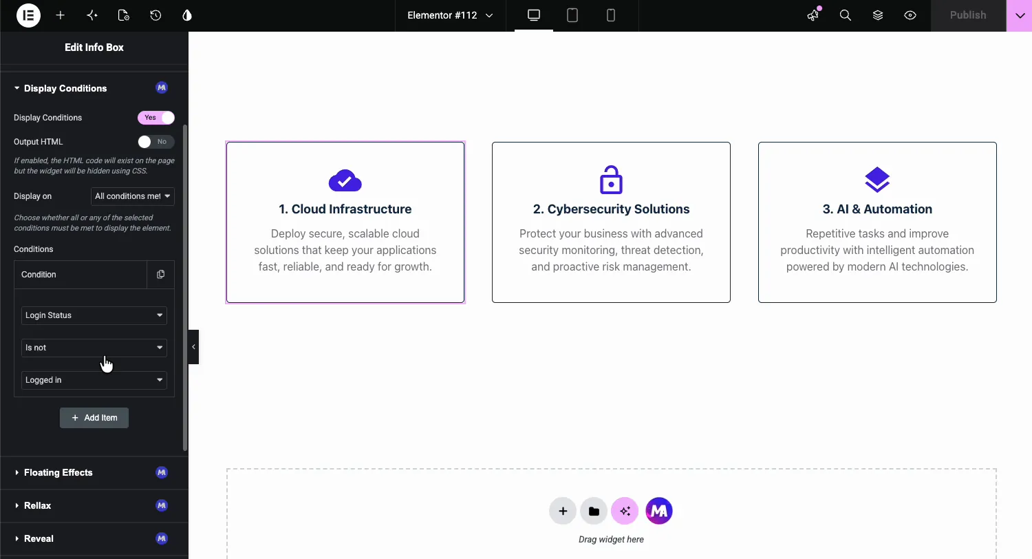 Login Status condition set to Is not Logged in on an Elementor Info Box widget