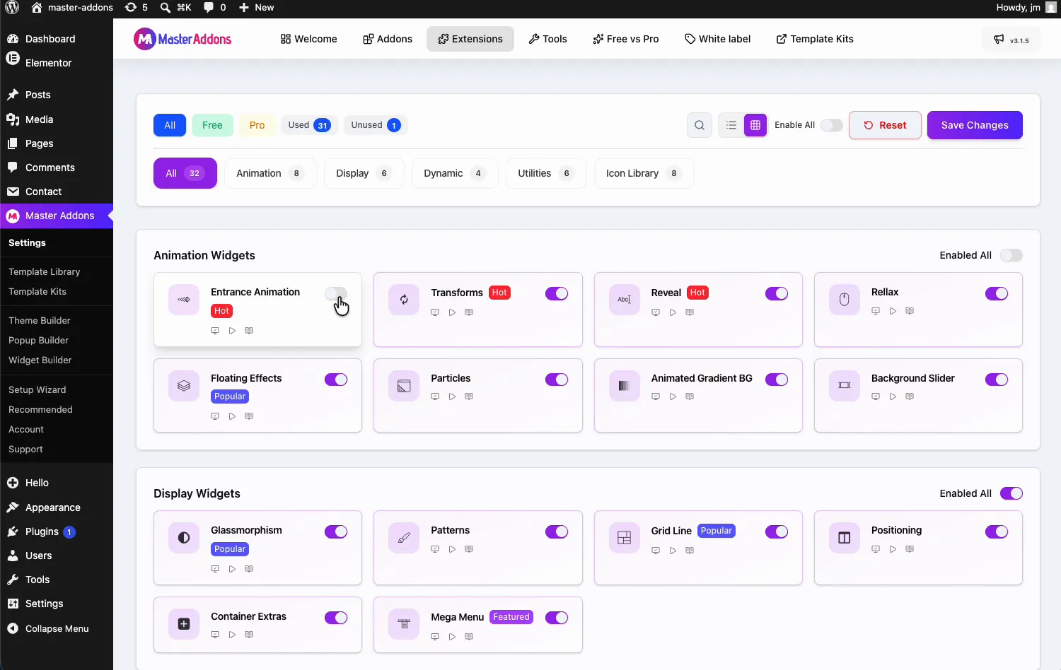 Entrance Animation extension toggle in the Animation Widgets section of the Master Addons Extensions tab