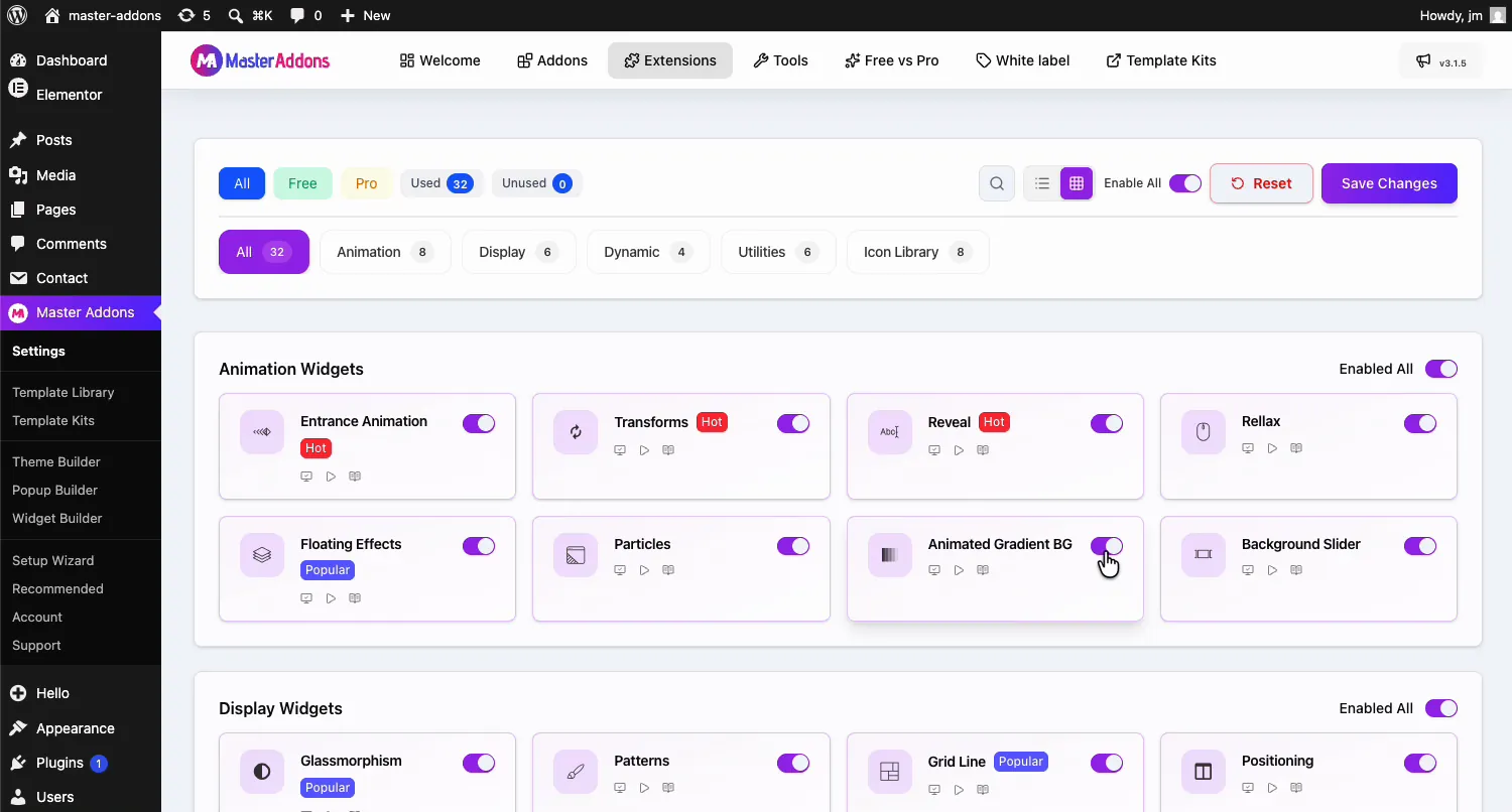 Animated Gradient BG extension toggle in the Animation Widgets section of the Master Addons Extensions tab