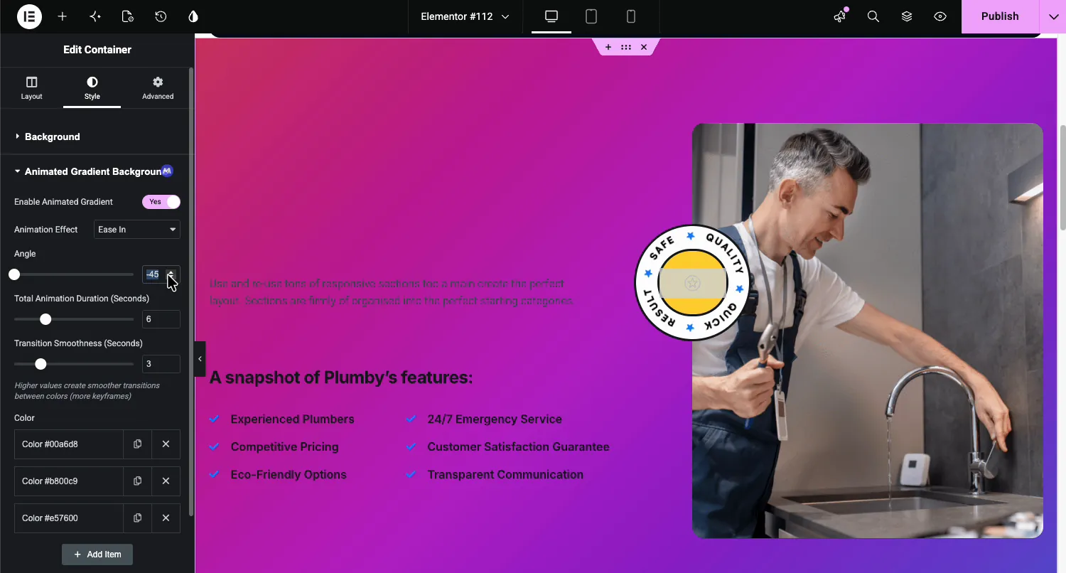 Animated Gradient Background settings in the Elementor Style tab with animation effect, angle, duration, smoothness, and a three color list