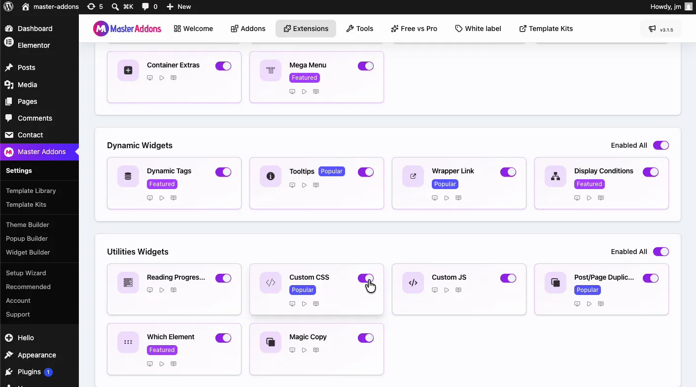 Custom CSS extension toggle in the Utilities Widgets section of the Master Addons Extensions tab