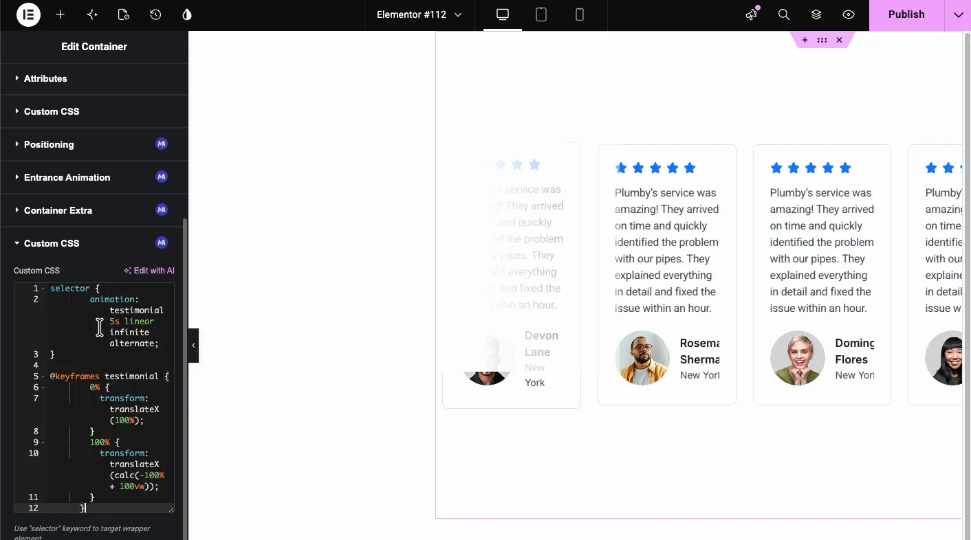 Keyframe animation CSS in the Master Addons Custom CSS editor with testimonial cards sliding across the Elementor canvas