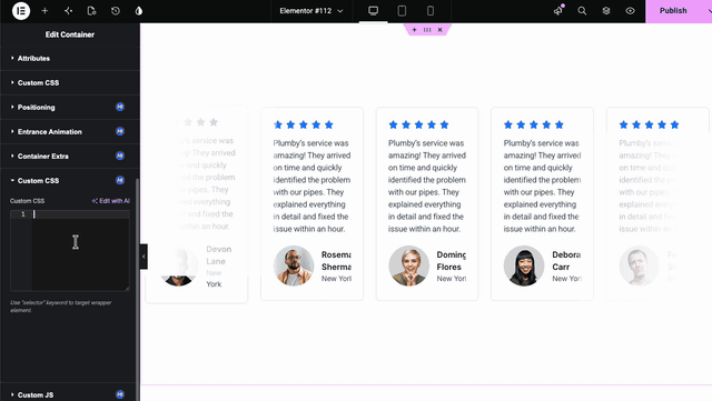 Custom CSS pasted into the Master Addons Custom CSS editor in Elementor making testimonial cards slide across the canvas instantly