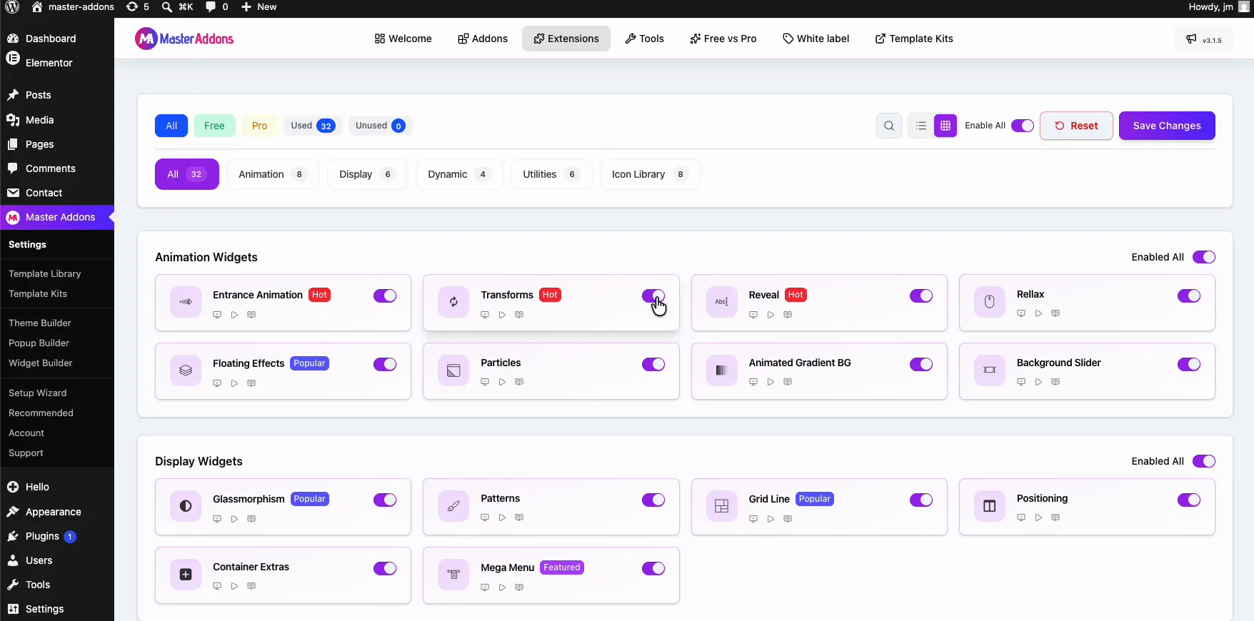 Transforms extension toggle with the Hot badge in the Animation Widgets section of the Master Addons Extensions tab
