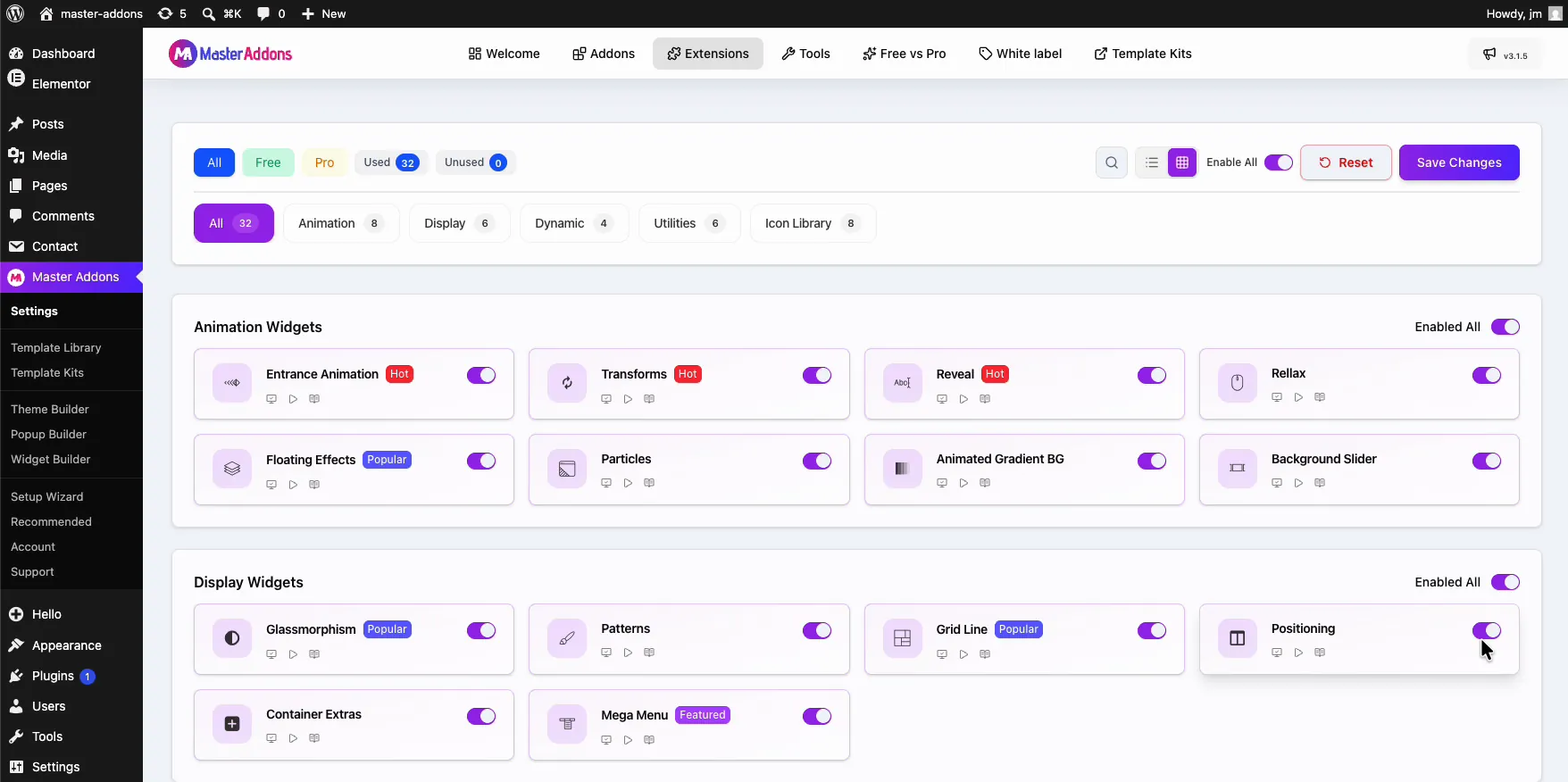 Positioning extension toggle in the Display Widgets section of the Master Addons Extensions tab