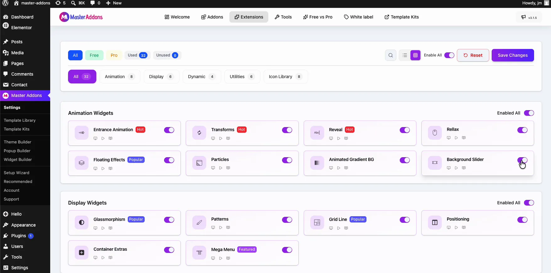 Background Slider extension toggle in the Animation Widgets section of the Master Addons Extensions tab