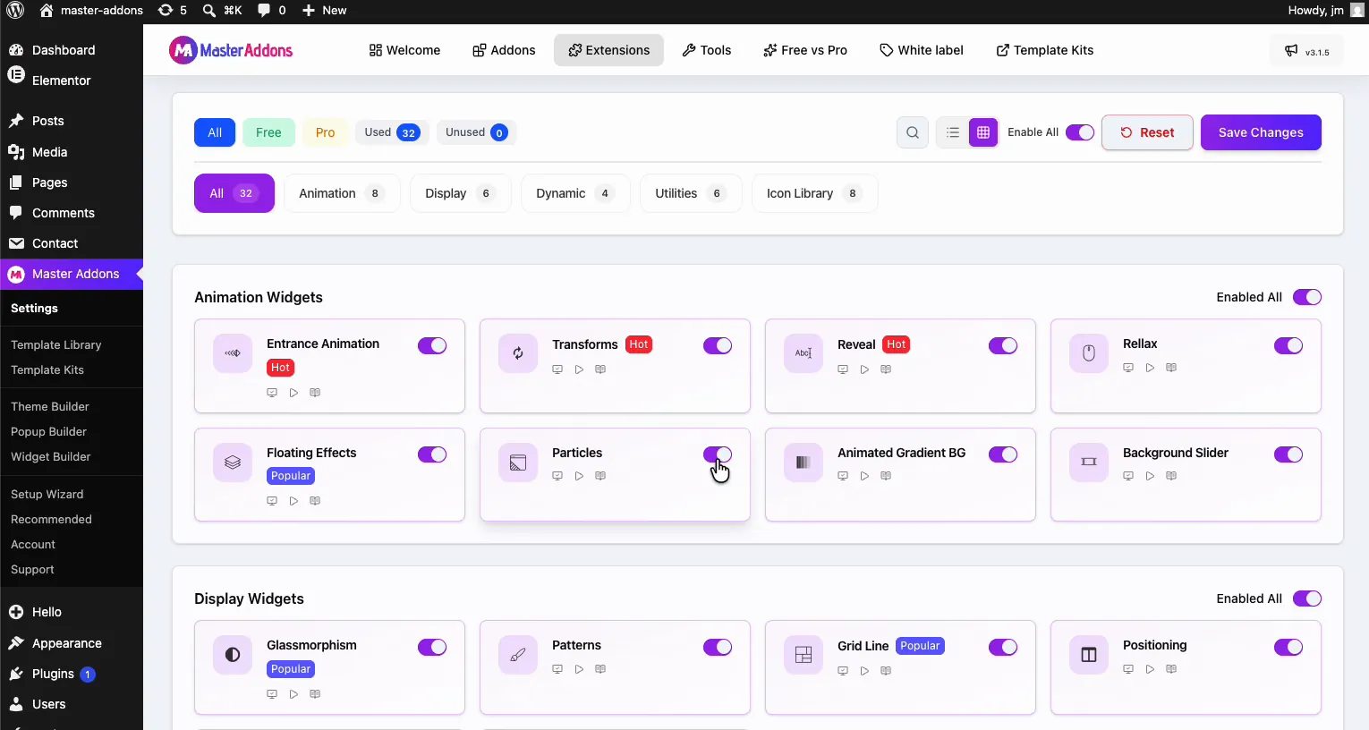 Particles extension toggle with the Popular badge in the Animation Widgets section of the Master Addons Extensions tab