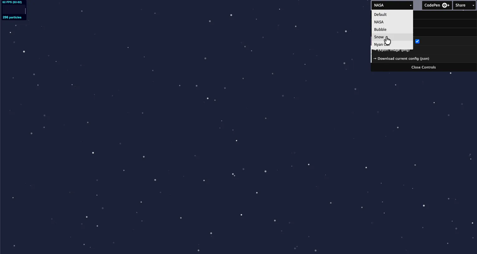 particles.js generator with the preset dropdown open showing Default, NASA, Bubble, Snow, and Nyan Cat configurations
