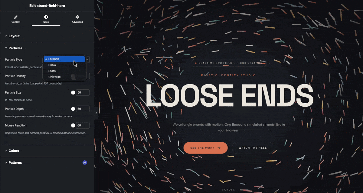 Loose Ends - hero section for elementor