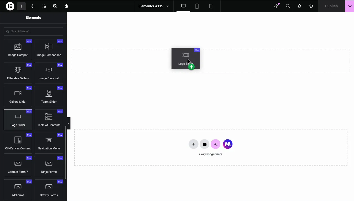Master Addons Logo Slider widget being dragged from the Elementor Elements panel onto the page
