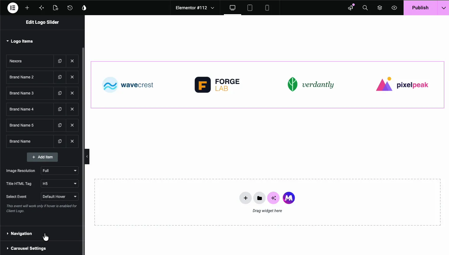 Logo Items repeater in the Logo Slider Content tab with brand name entries, Add Item button, image resolution, and title HTML tag settings