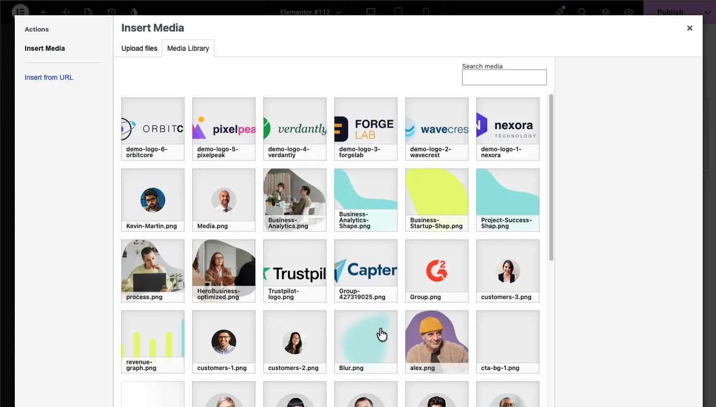 WordPress media library with a set of client logo images uploaded for the Elementor logo slider