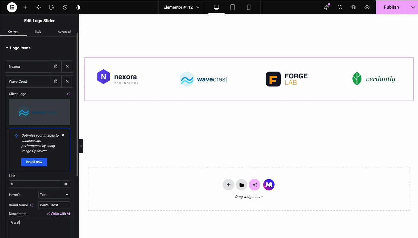 Logo item settings with hover set to text, showing brand name and description fields for the Wave Crest logo