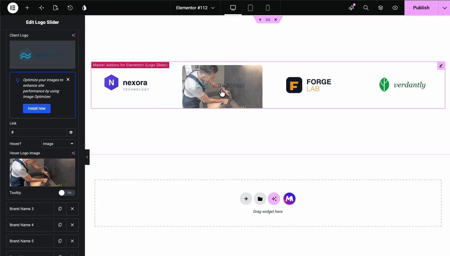 Cursor hovering over a logo in the Elementor editor swapping it to the hover logo image set in the panel