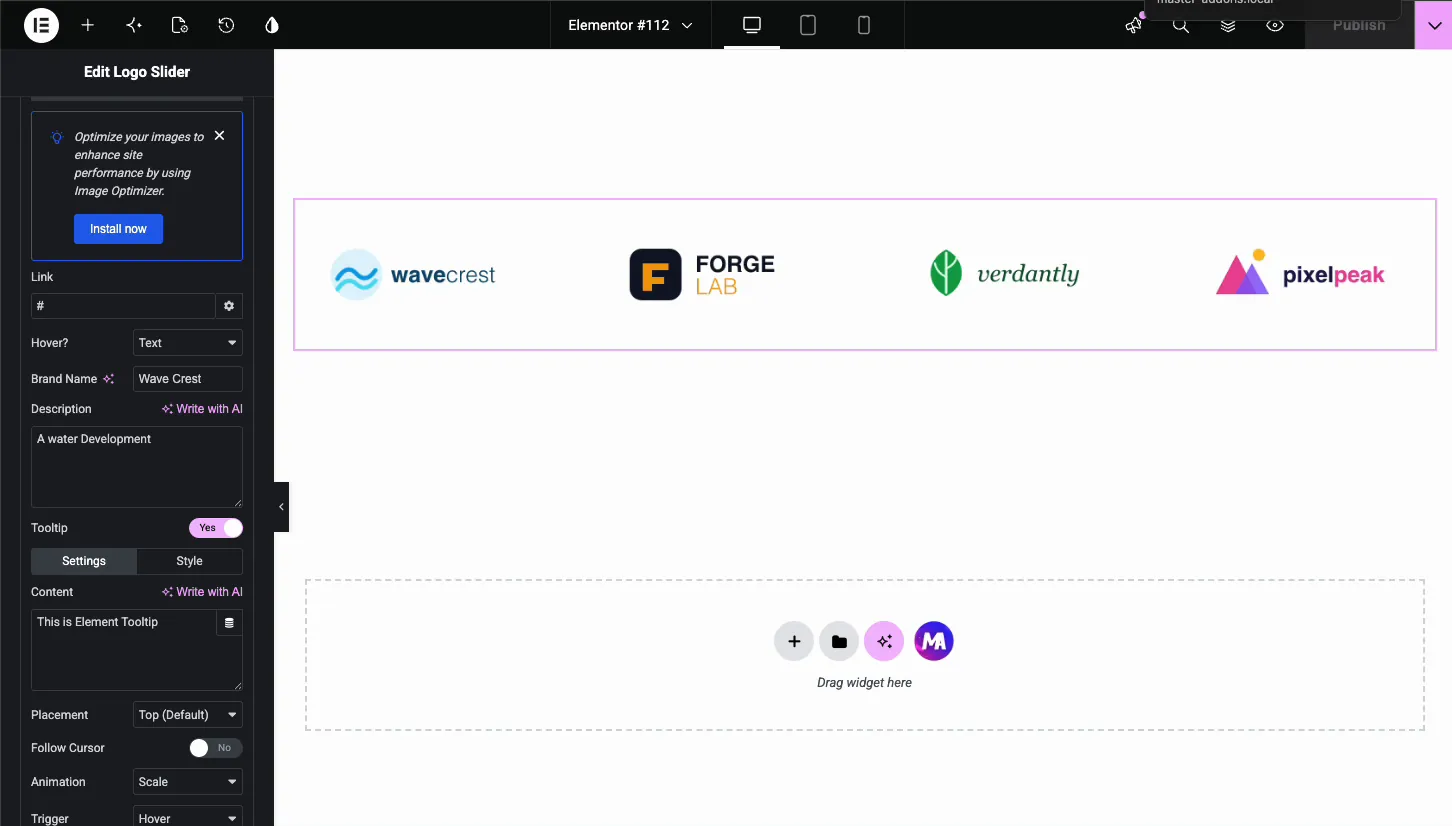 Tooltip settings for a logo item with content field, placement, follow cursor, scale animation, and hover trigger