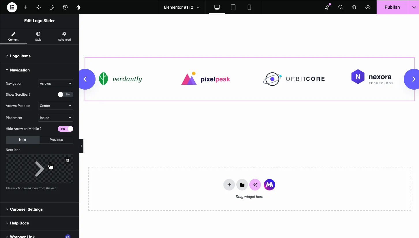 Logo Slider navigation settings with arrows, bottom center position, outside placement, and hide arrow on mobile enabled