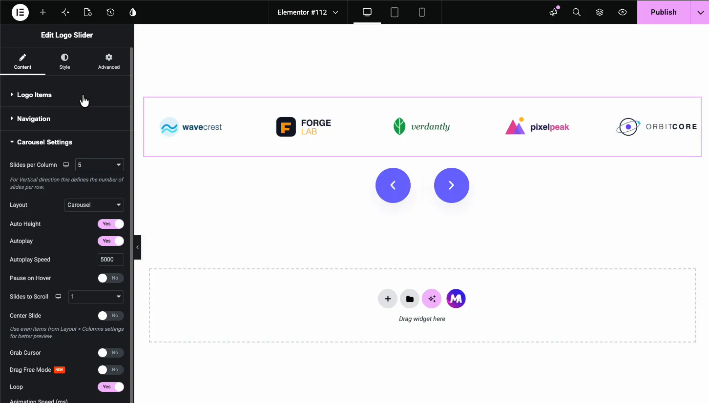Style tab Icon section for the logo slider with color, background, border radius, padding, margin, and font size