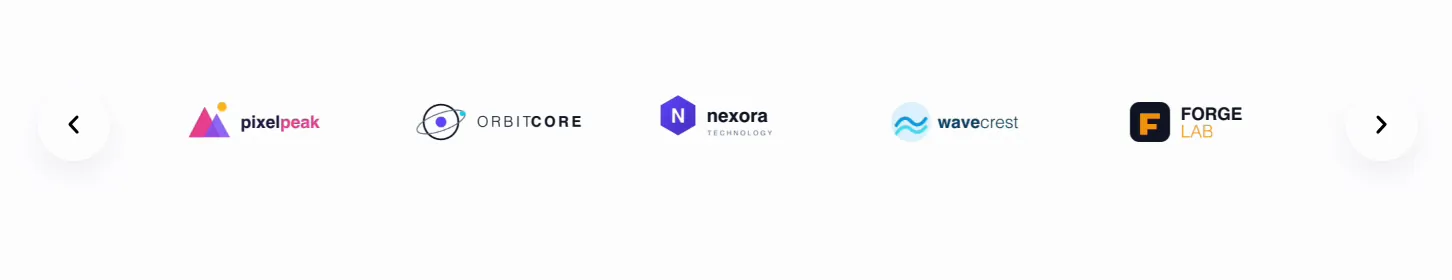 Finished Elementor logo slider on the live page showing five client logos with a round navigation arrow on each side