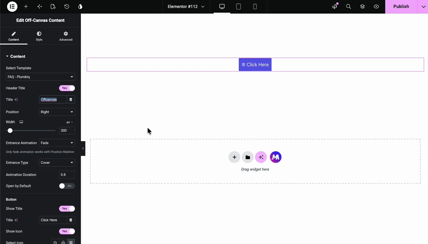 Off-Canvas Content settings in Elementor with select template, header title, position, width, entrance animation, and entrance type
